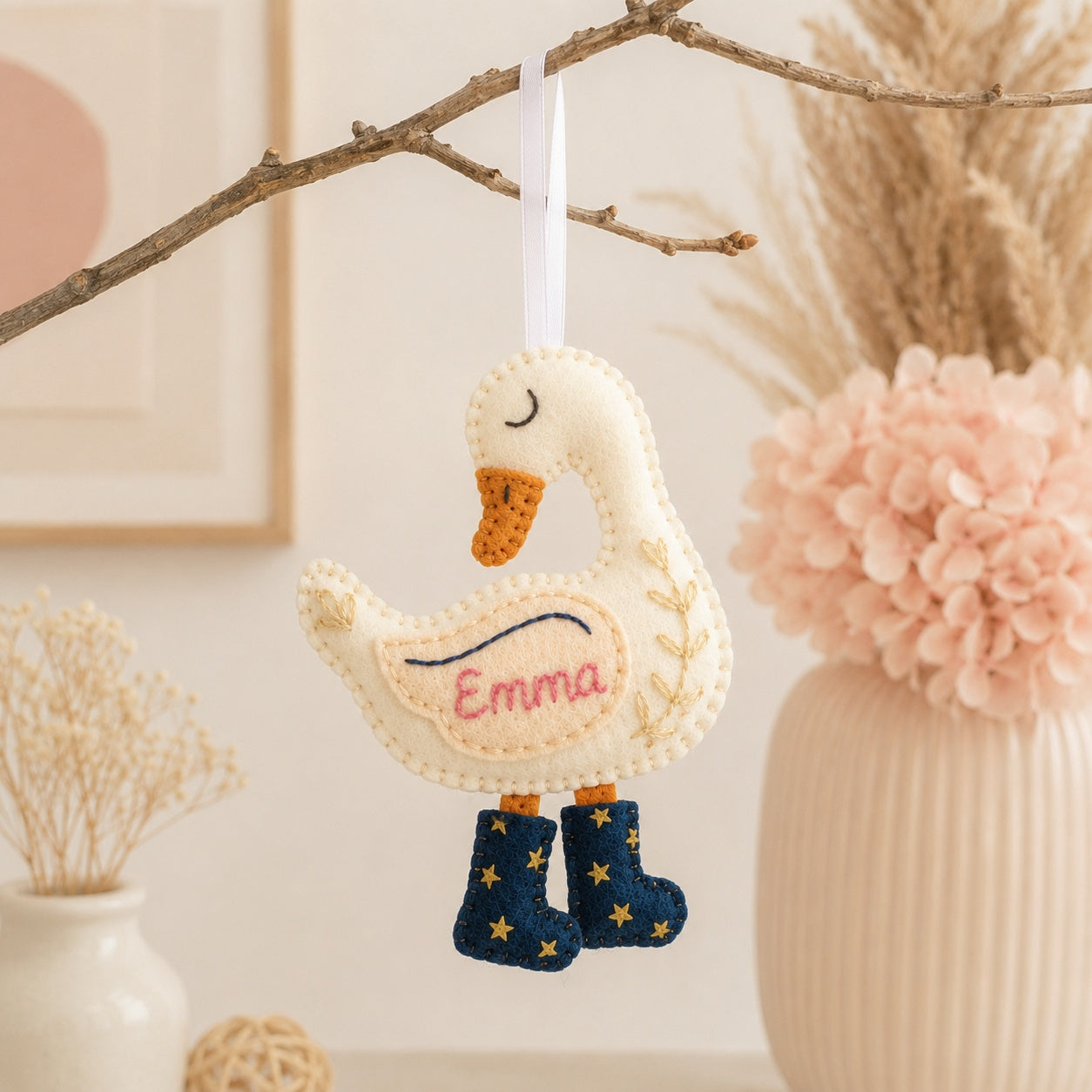 Goose with Star Boots Felt Ornament, Goose Ornament, Handmade Custom Ornament, Keepsake Gifts, Baby Nursery Gift NHFOR04