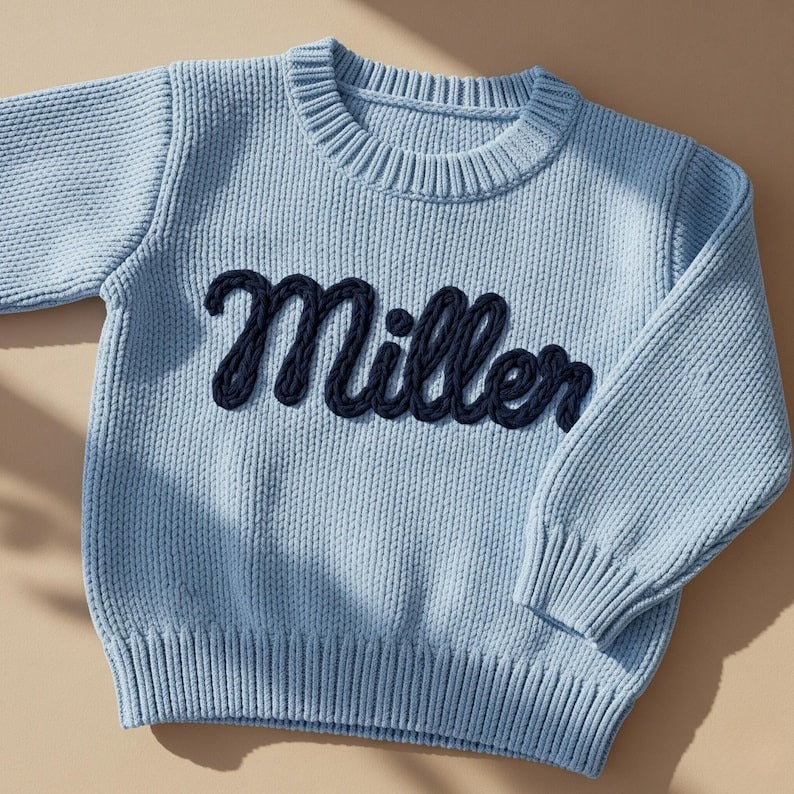 Hand Embroidered Baby Knit Sweater, Custom Name Toddler Pullover, Baby Shower Gift