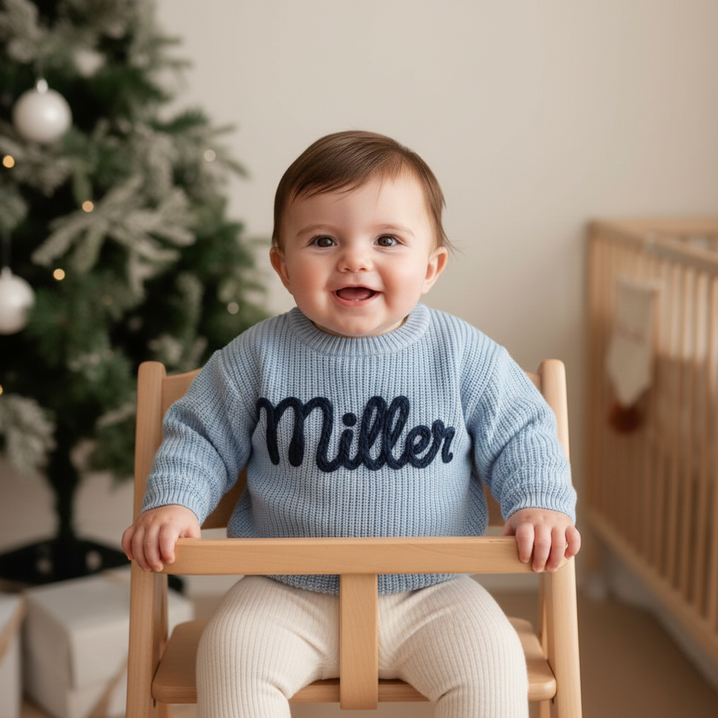 Hand Embroidered Baby Knit Sweater, Custom Name Toddler Pullover, Baby Shower Gift