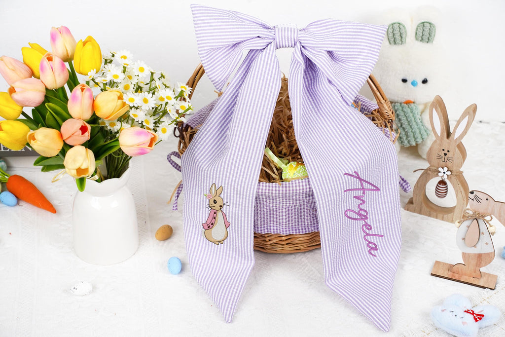 Personalized Seersucker Easter Basket Bow, Custom Monogrammed Bow, Baby Shower Favor, Wedding Basket Bow, Spring Decoration