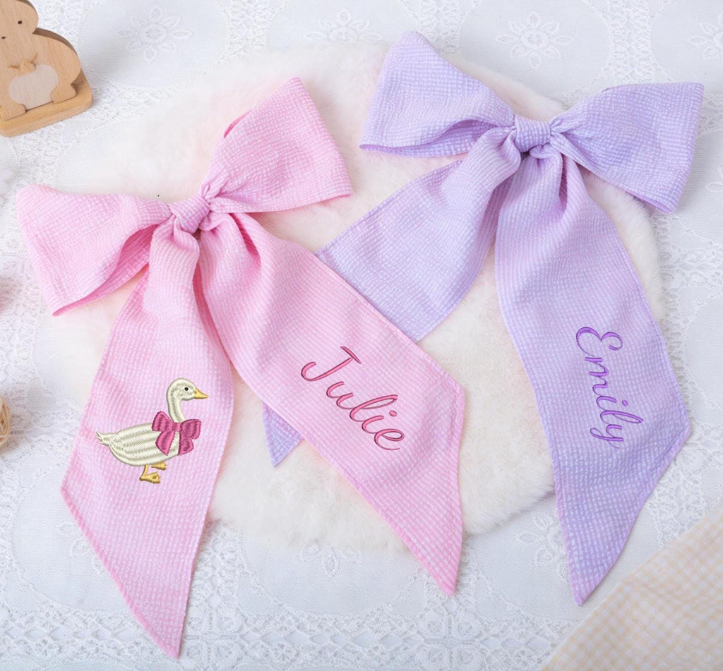 Personalized Seersucker Easter Basket Bow with Embroidered Name Custom Monogrammed Bunny Design Egg Hunts Gift & Spring Decorations