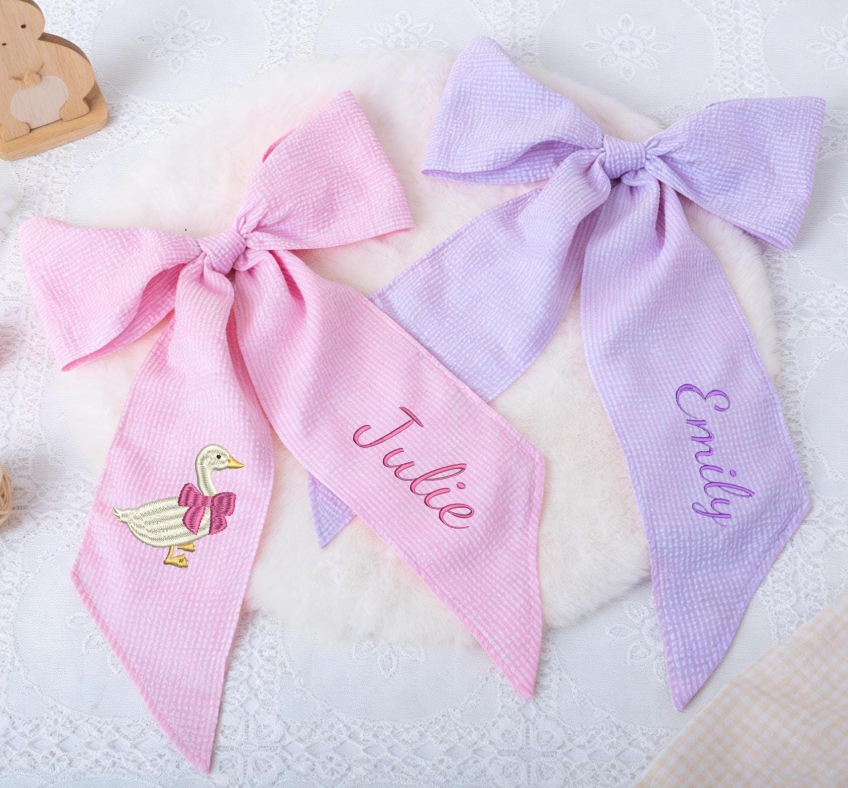 Personalized Seersucker Easter Basket Bow with Embroidered Name Custom Monogrammed Bunny Design Egg Hunts Gift & Spring Decorations