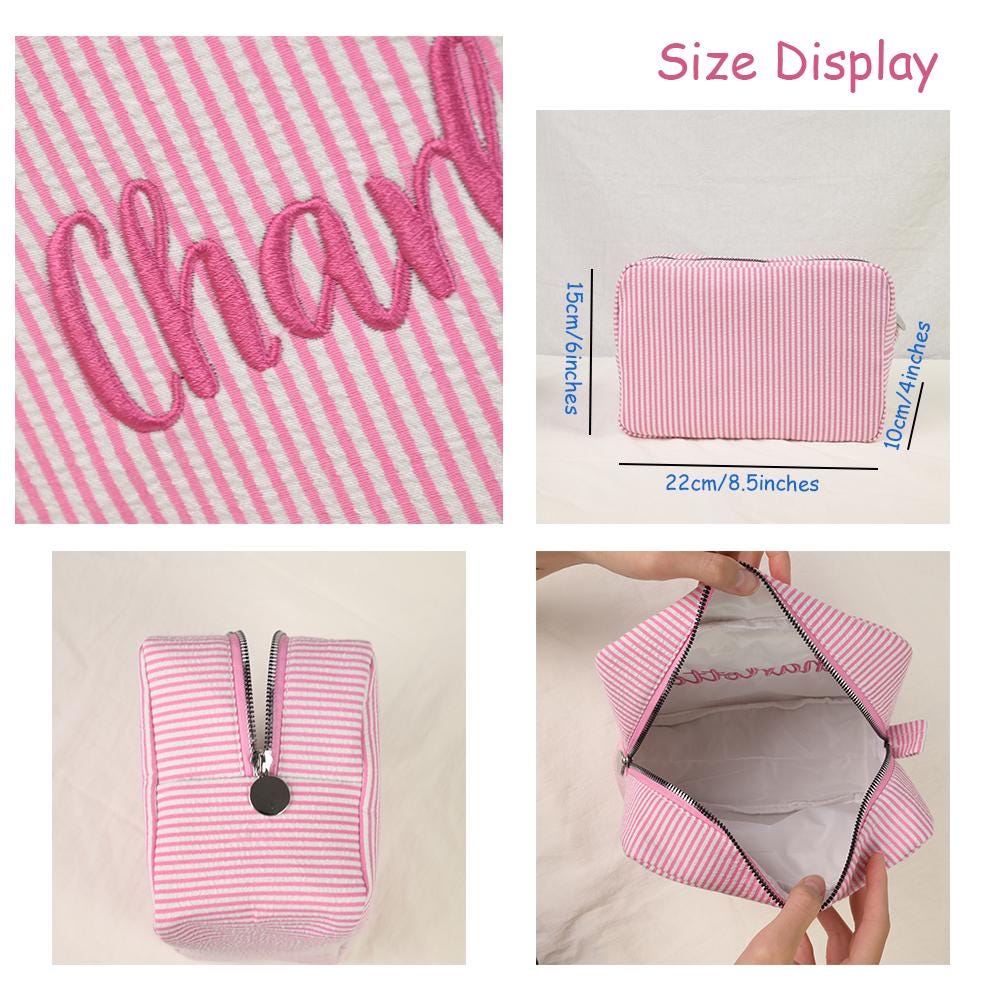 Custom Embroidered Seersucker Toiletry Bag, Personalized Name Travel Pouch, Bridesmaid Gift