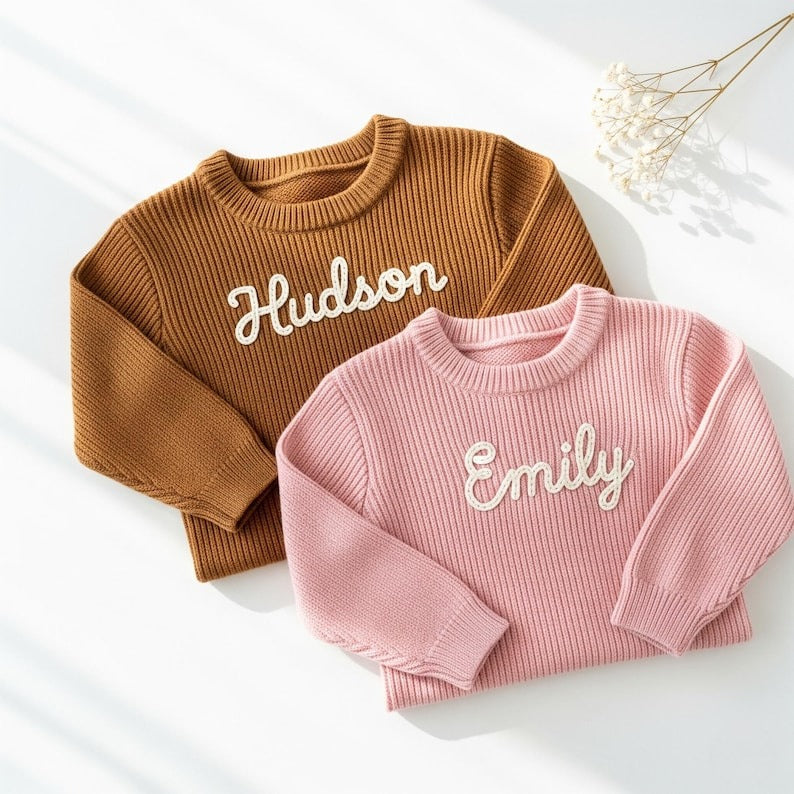 Hand Embroidered Baby Knit Sweater, Custom Name Toddler Pullover, Baby Shower Gift