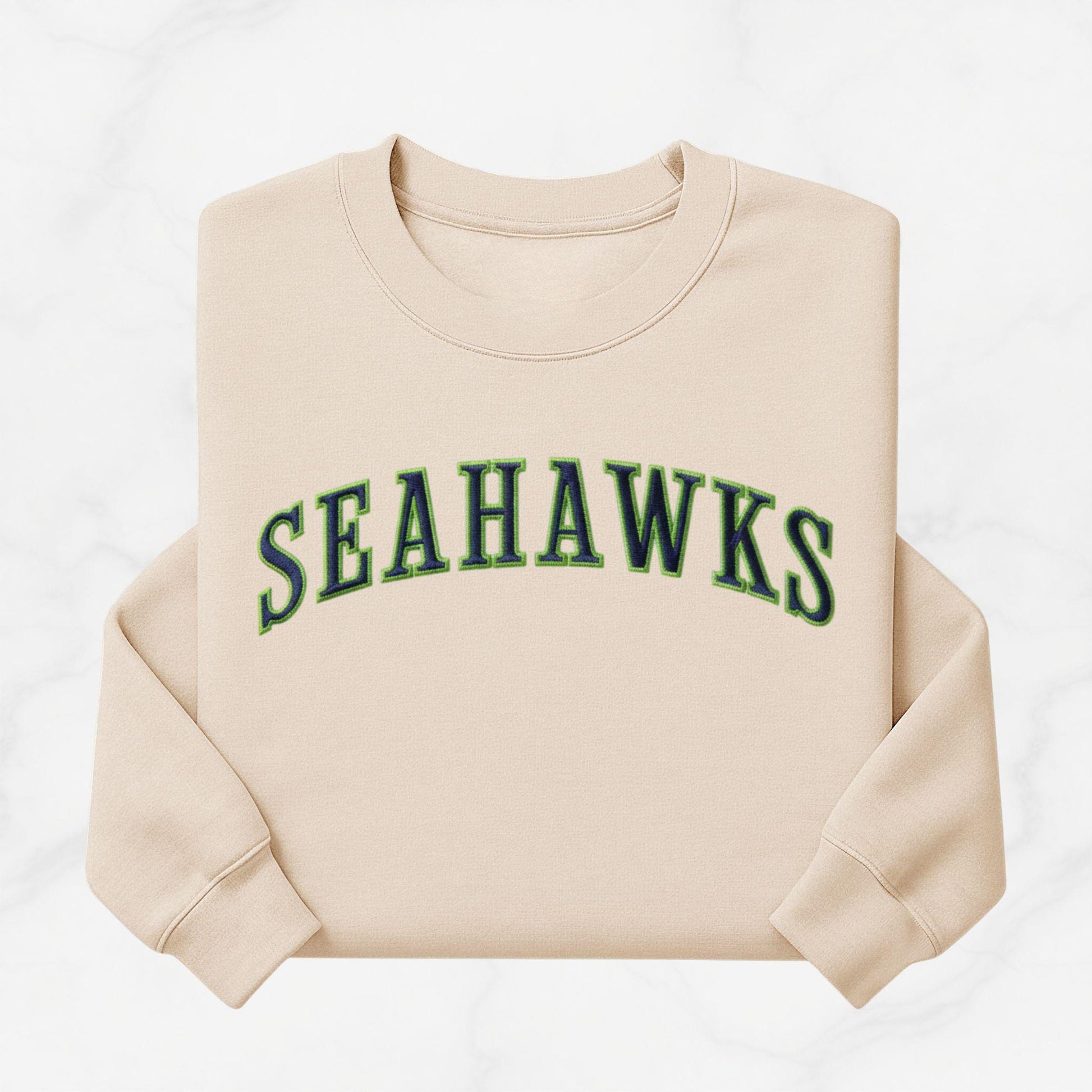 Embroidered Seahawks Crewneck Sweatshirt, Green and Navy Lettering, Seattle Football Fan Merch Apparel