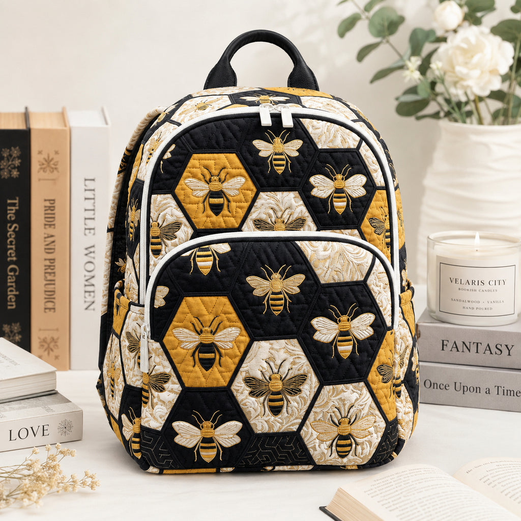Bee Pattern Quilted Backpack, Custom Bee Backpack, Kid Adult School Bag, Travel Bag, Back To School Backpack QBP04