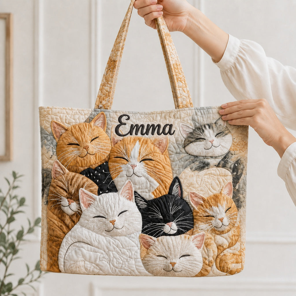 Cat Pattern Quilted Tote Bag, Cat Shoulder Bag, Pet Pattern Art Tote, Fabric Tote Bag, Gift Bag QTOTE35