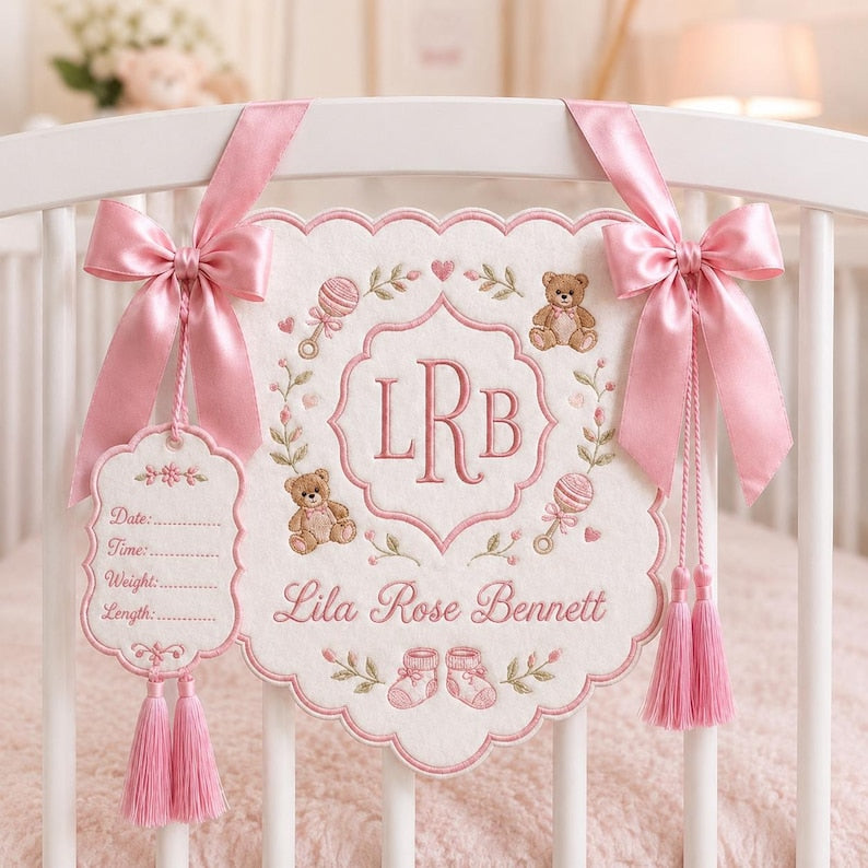 Personalized Embroidered Baby Crib Banner, Custom Baby Name Nursery Banner with Birth Stats Tag, Newborn Hospital Announcement, Baby Shower Gift BBFLAG11