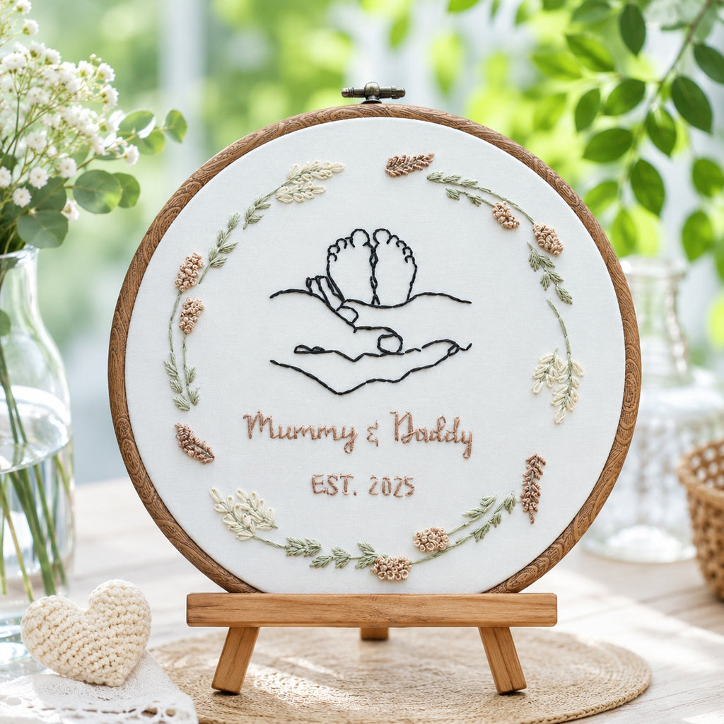 Personalized Handmade Embroidery Hoop, Baby Feet Keepsake, Mummy & Daddy Sign Decor, New Parents Gift, Custom Nursery Wall Art EM10