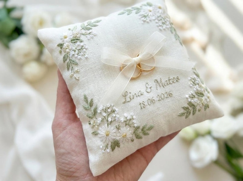 Personalized Embroidered Floral Wedding Ring Bearer Pillow, Custom Wedding Ring Pillow, Wedding Keepsake Gift WPILLOW10