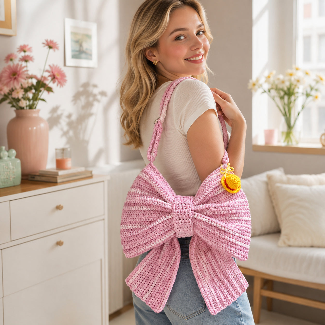 Crochet Bow Bag, Pink Bow Shaped Shoulder Purse, Handmade Coquette Crochet Handbag, Cute Girly Statement Bag Gift for Her Crochet05