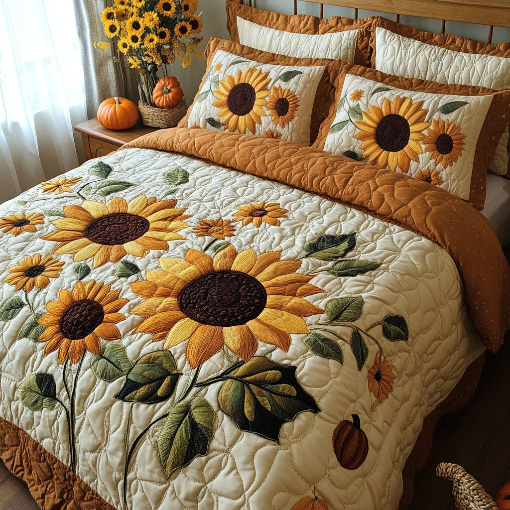 Sunflower Pattern Blanket, Sunflower Quilted Bedding Set, Room Decor, Custom Quilt with Pillow Covers, Bedding Decor QBEDSET43