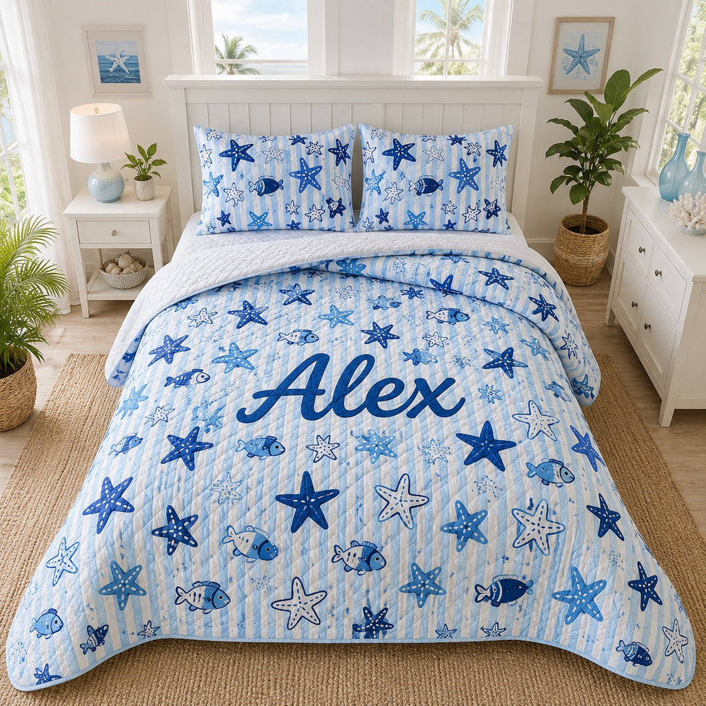 Ocean Quilted Bedding Set, Sea Animal Blanket, Custom Starfish & Fish Quilt Set with Pillow Covers, Coastal Bedding Decor QBEDSET09