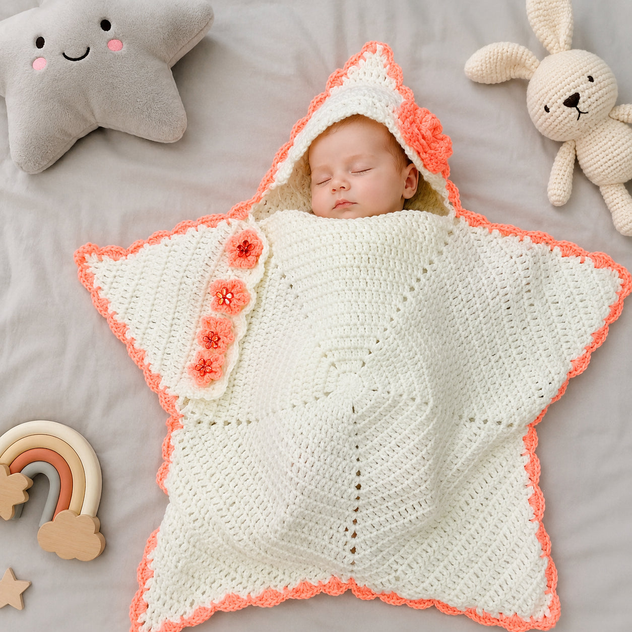Personalized Flower Star Baby Swaddle, Cute Baby Star Cocoon, Custom Baby Star Romper Sleep Sack, Hooded Newborn Wrap, Handmade Crochet Knit Outfit, Custom Name Baptism Baby Shower Gift BABYSR11