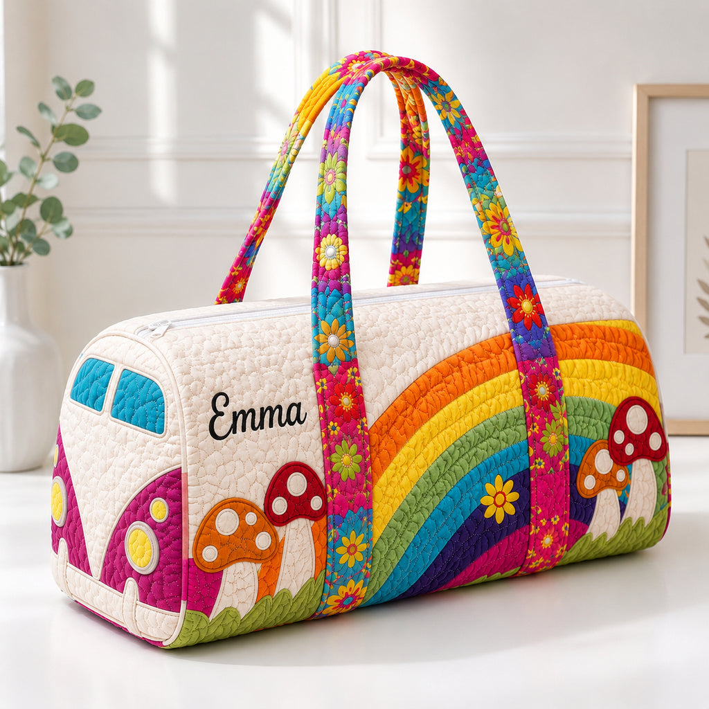 Rainbow Mushroom Floral Quilted Duffle Bag, Boho Camper Van Weekender Bag, Mushroom Travel Bag, Trip Bag Gift QTTVB08
