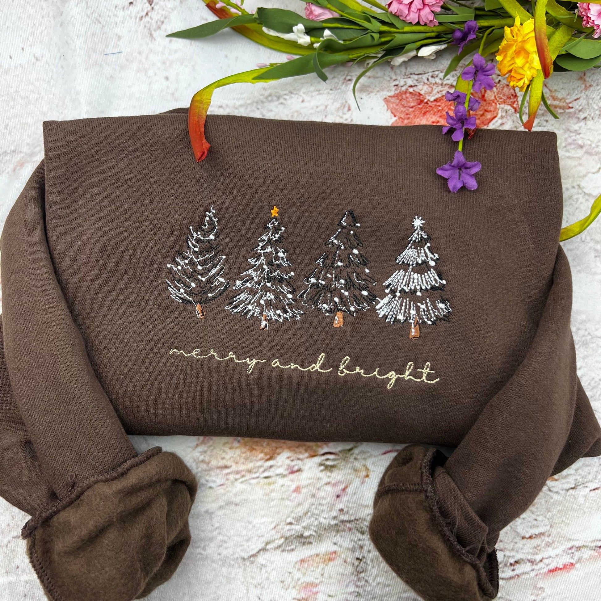 Merry and Bright Embroidered Sweatshirt, Minimal Christmas Tree Sweater, Cozy Holiday Crewneck, Winter Outfit, Xmas Gift