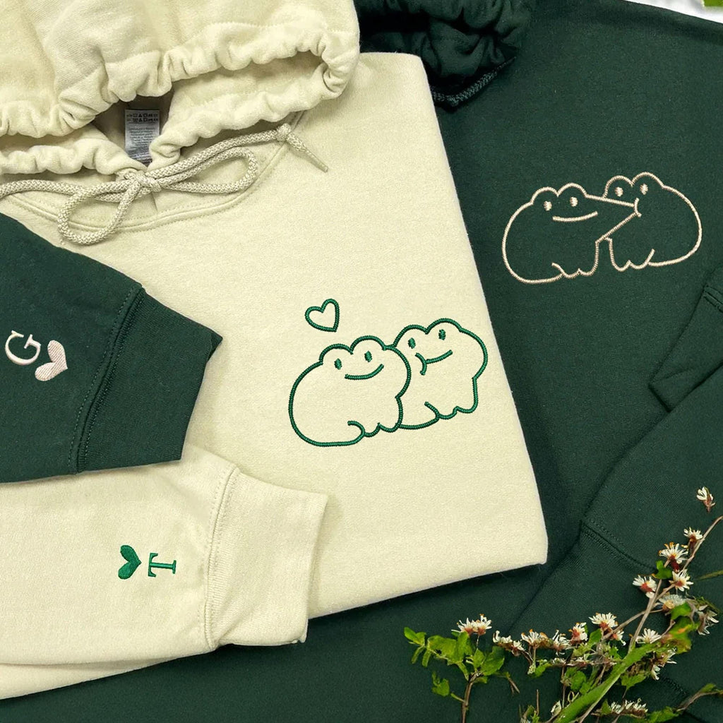 Custom Frog Couple Embroidered Hoodie with Roman Date & Initials, Matching Hoodies For Couple, 1st Anniversary Gift for Couples