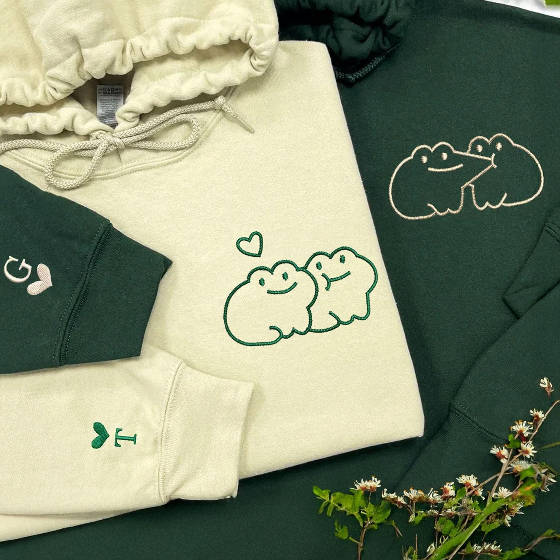 Custom Frog Couple Embroidered Hoodie with Roman Date & Initials, Matching Hoodies For Couple, 1st Anniversary Gift for Couples