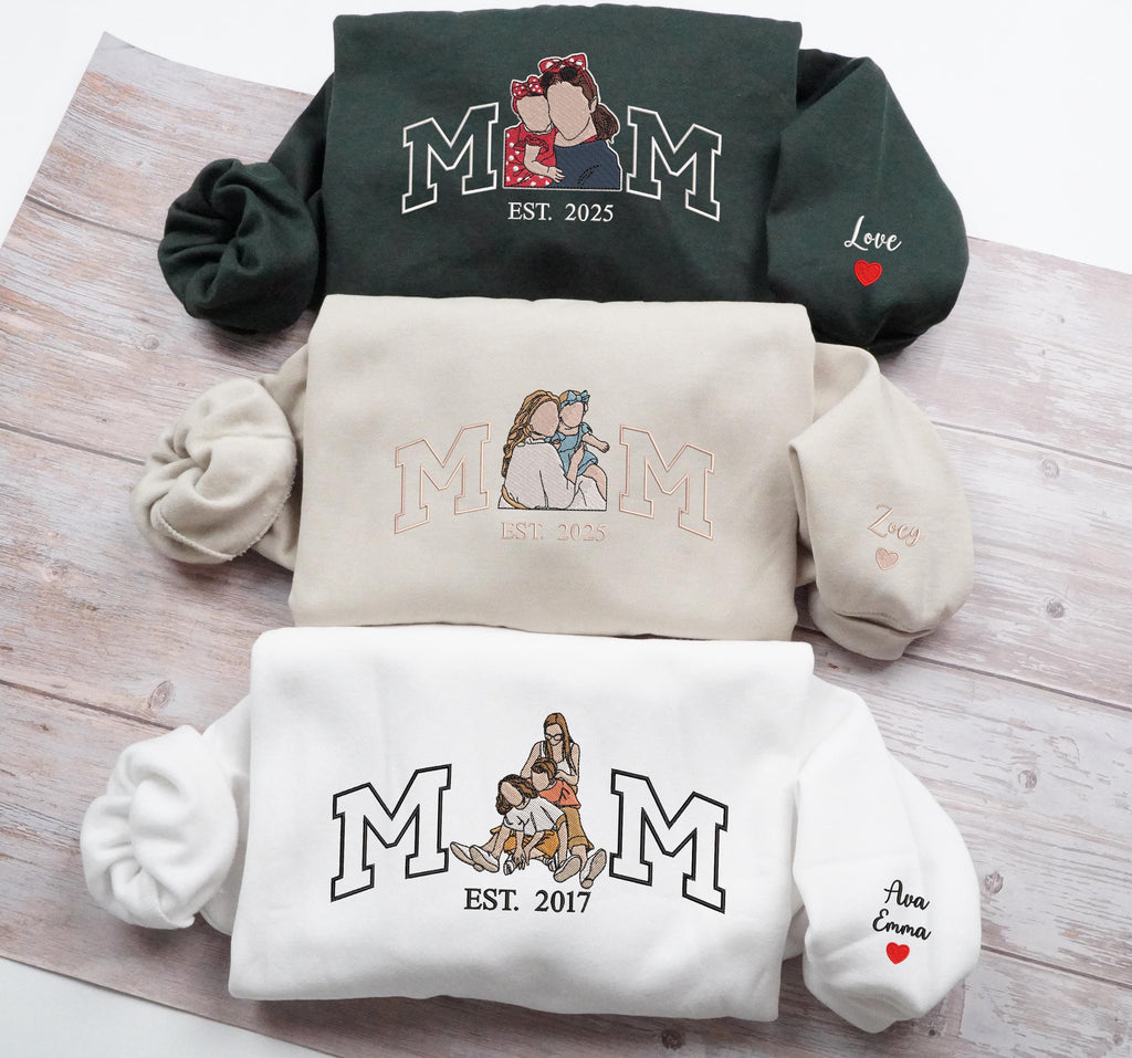 Embroidered Mama Sweatshirt with Photo, Mother's Day Gifts, Varsity Shirts, Custom Embroidered Hoodie Mama and Kids Portrait, New Mom Gift