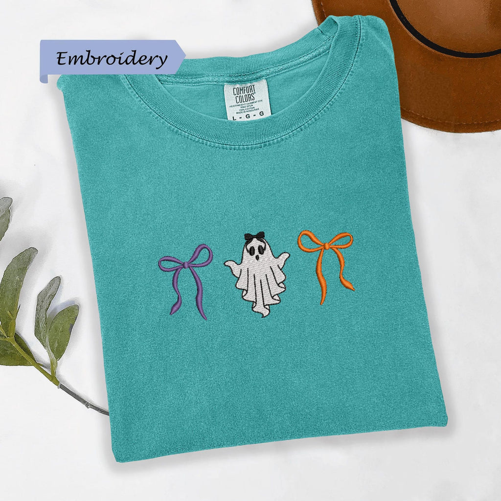 Ghost Bow Embroidery Shirt, Cute Halloween Tee, Aesthetic Spooky Ghost Ribbon Shirt, Unisex Shirt HLEM11
