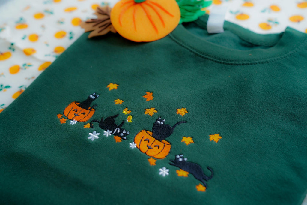 Halloween Black Cat Embroidery Sweatshirt, Pumpkin Fall Sweater, Halloween Crewneck, Cute Autumn Spooky Season, Bat Tee Top, Cat Lover Gift