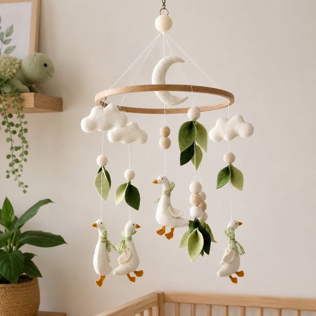 Personalized Goose Felt Baby Mobile, Handmade Farm Nursery Crib Mobile, Goose Felt Mobile, Moon Cloud and Leaf Baby Room Decor BBMB11