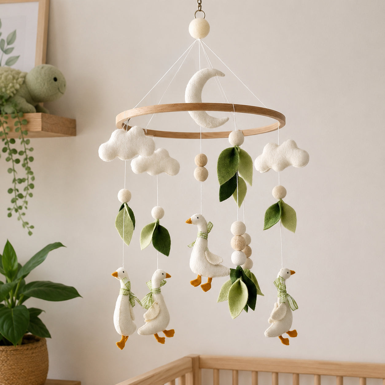 Personalized Goose Felt Baby Mobile, Handmade Farm Nursery Crib Mobile, Goose Felt Mobile, Moon Cloud and Leaf Baby Room Decor BBMB11