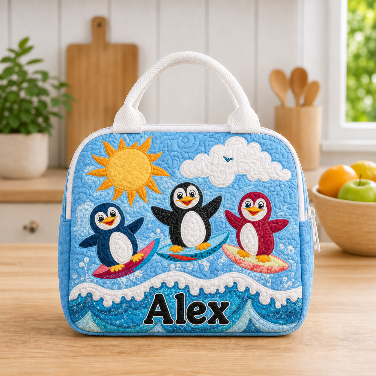 Summer Penguin Quilted Lunch Bag, Insulated Quilted Lunch Tote, Surfing Penguin Lunch Bag, Custom Kid Lunch Bag, Back To School Bag, Picnic Bag, Reusable Lunch Tote QLB11