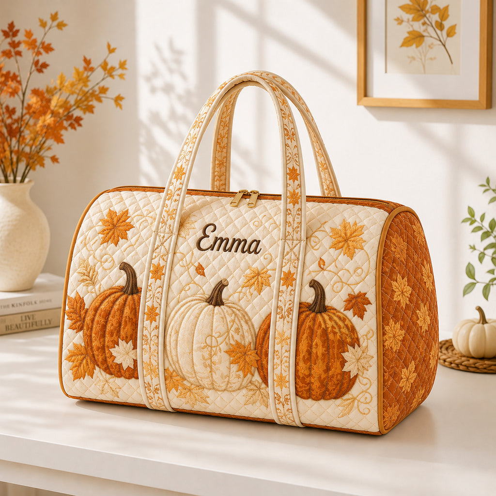 Personalized Pumpkin Quilted Duffle Bag, Fall Travel Bag with Name, Autumn Weekender Bag, Thanksgiving Gift for Women DFB33