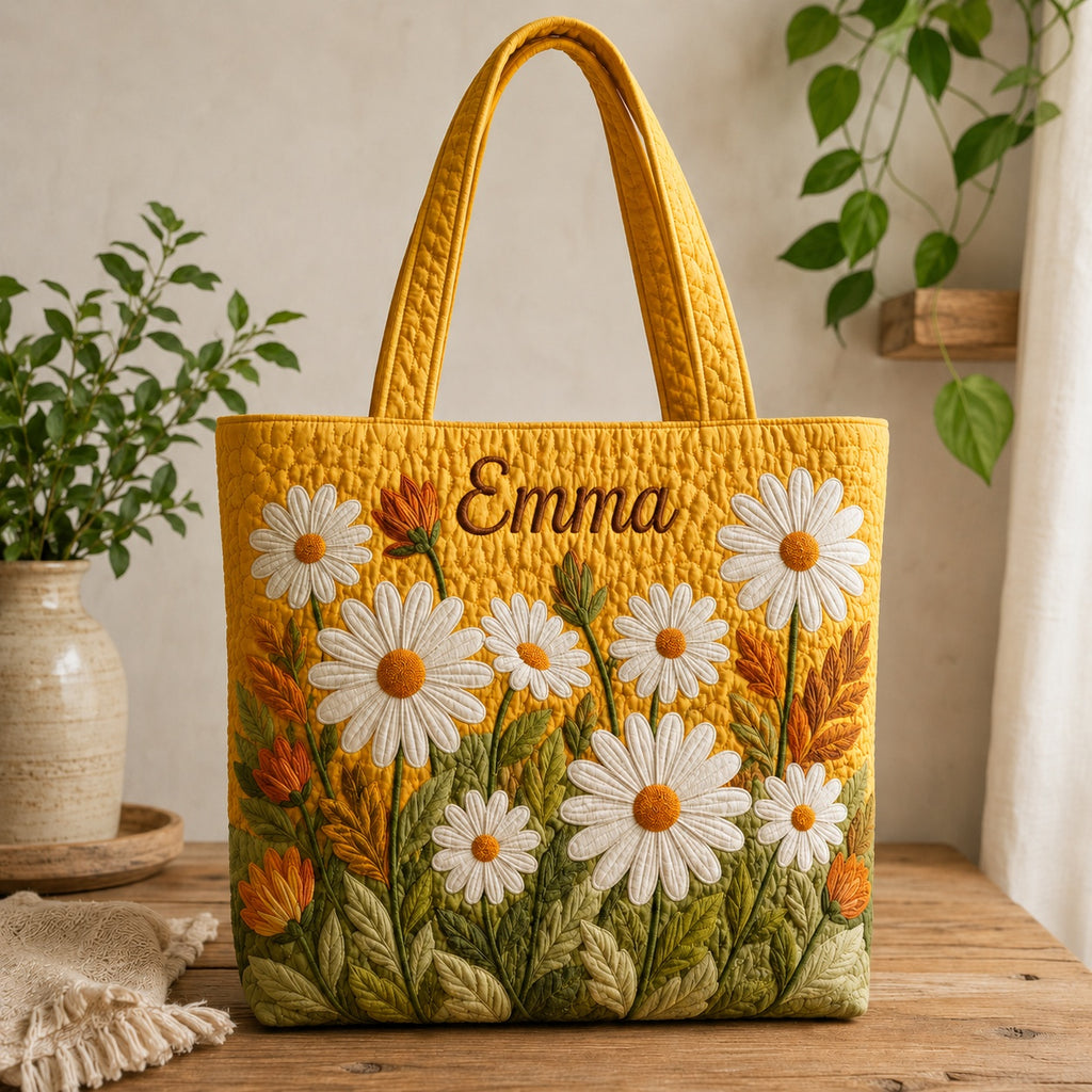 Custom Daisy Quilted Tote Bag, Floral Tote Bag, Quilted Shoulder Bag, Quilted Book Bag, Fabric Bag QTOTE62