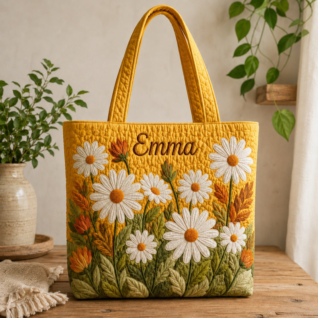 Custom Daisy Quilted Tote Bag, Floral Tote Bag, Quilted Shoulder Bag, Quilted Book Bag, Fabric Bag QTOTE62