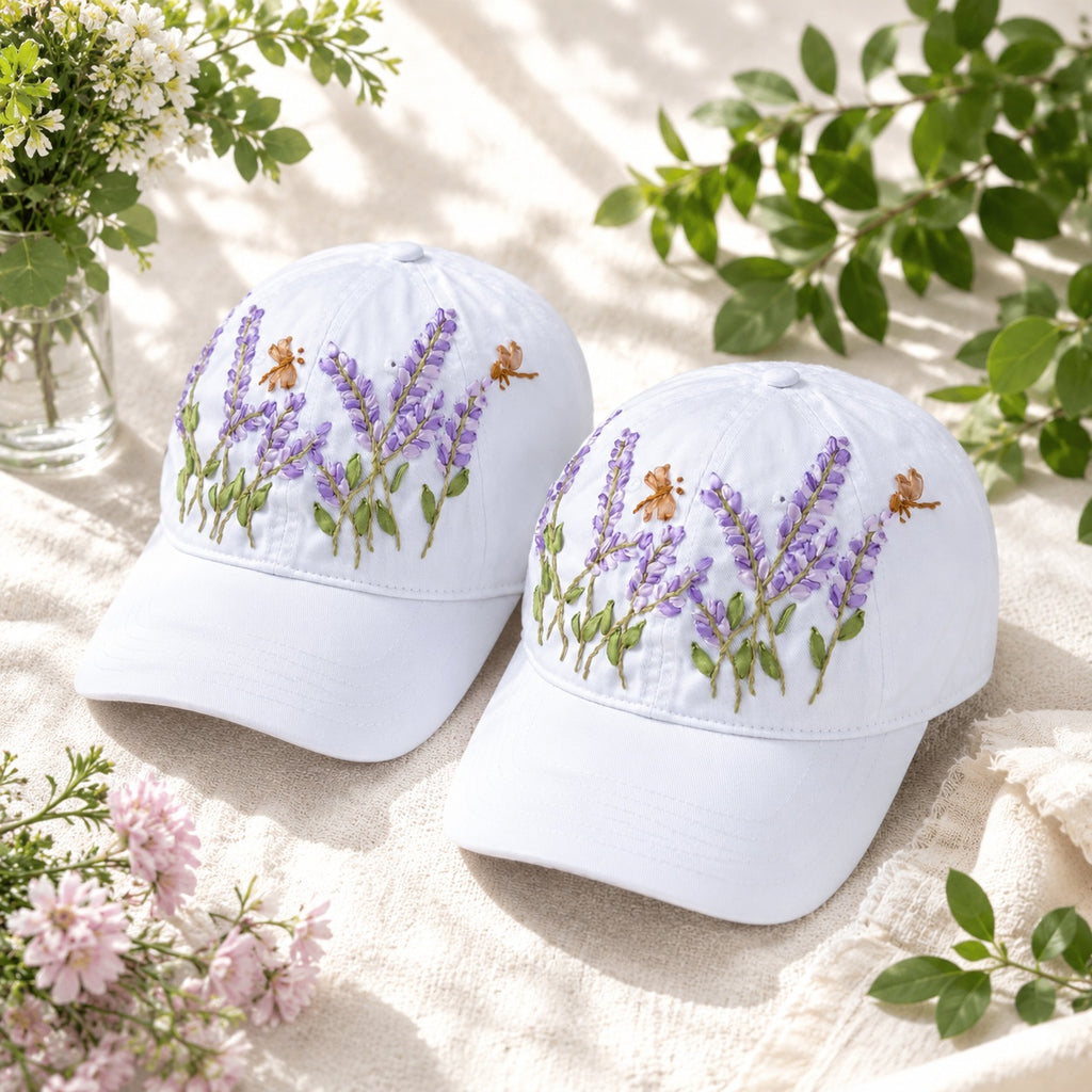 Custom Lavender Floral Hand-Embroidered Baseball Cap, Embroidered Cap, Hand Embroidered Cap, Custom Hat Embroidery, Family Hat EMSH10