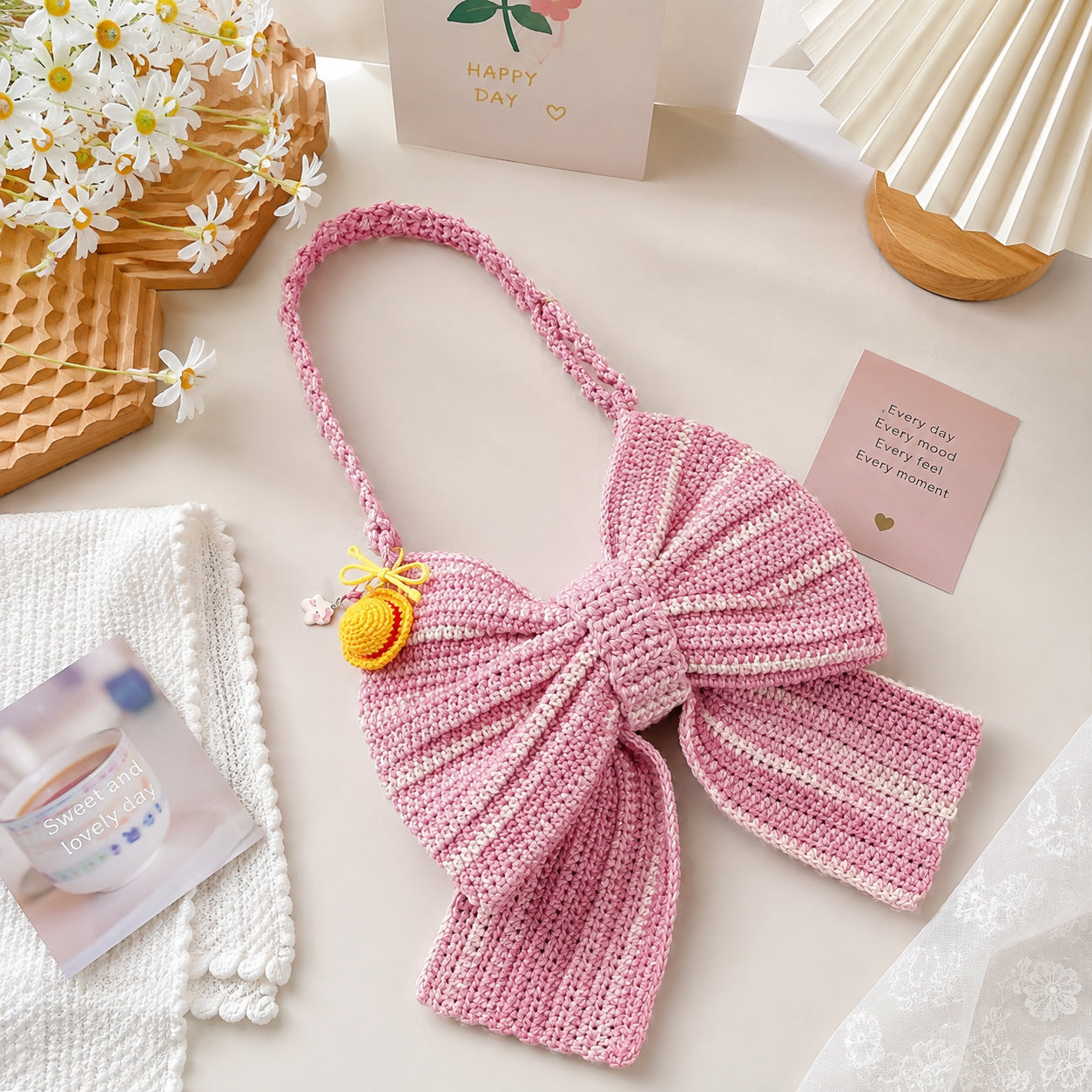 Crochet Bow Bag, Pink Bow Shaped Shoulder Purse, Handmade Coquette Crochet Handbag, Cute Girly Statement Bag Gift for Her Crochet05