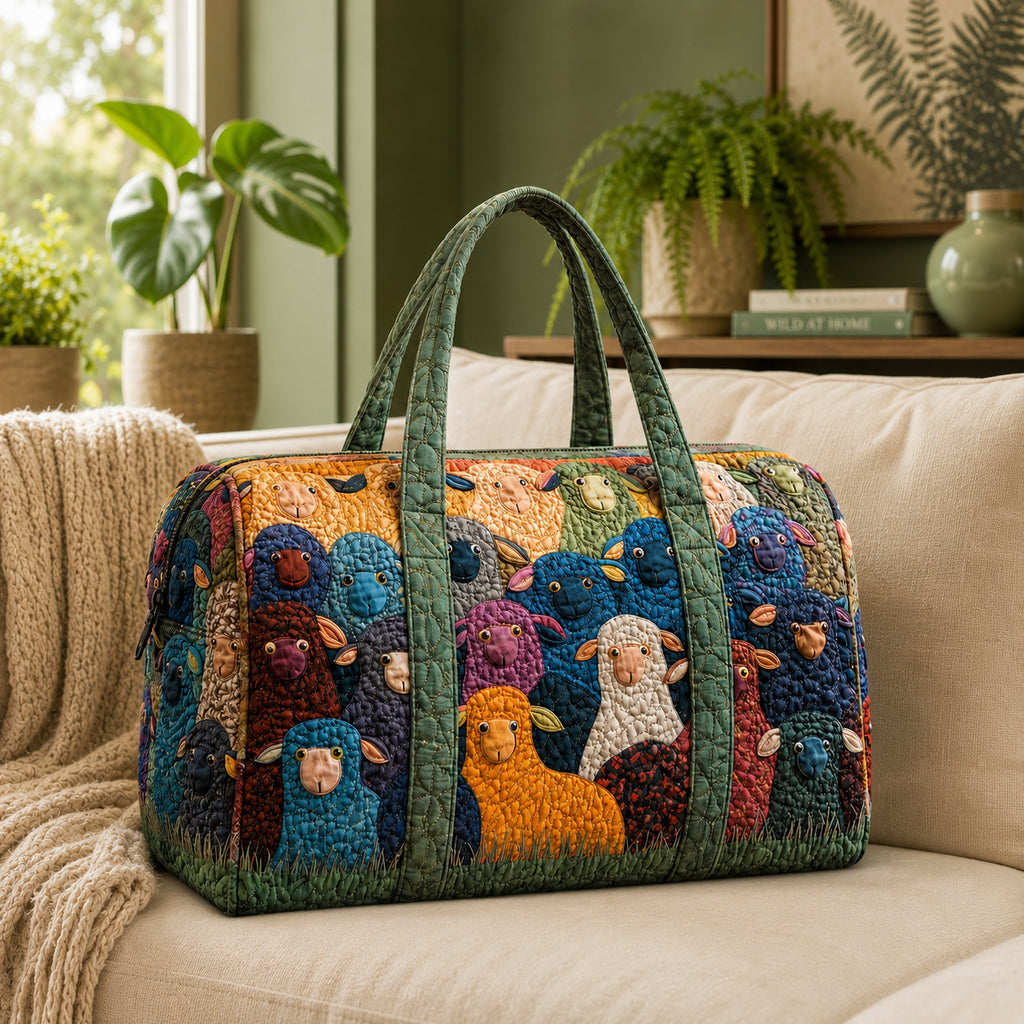 Colorful Sheep Quilted Duffle Bag, Sheep Pattern Duffle Bag, Overnight Bag, Quilted Travel Bag, Quilted Weekend Bag, Custom Bag Gift DFB10