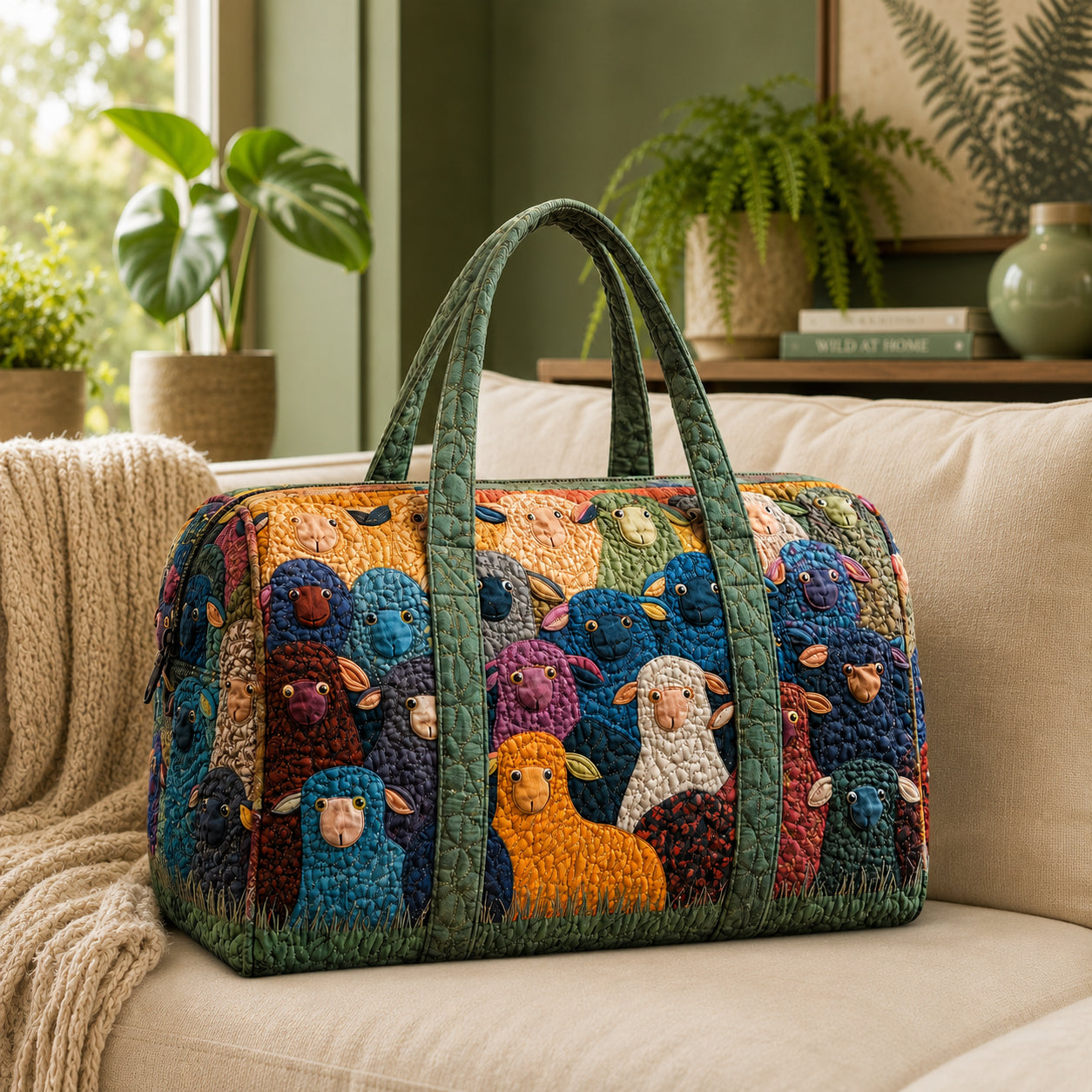 Colorful Sheep Quilted Duffle Bag, Sheep Pattern Duffle Bag, Overnight Bag, Quilted Travel Bag, Quilted Weekend Bag, Custom Bag Gift DFB10