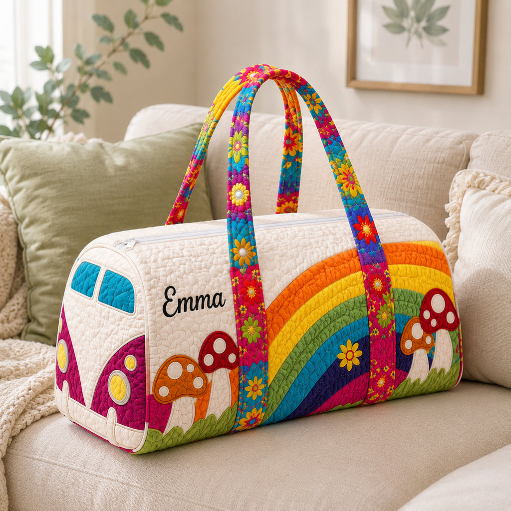 Rainbow Mushroom Floral Quilted Duffle Bag, Boho Camper Van Weekender Bag, Mushroom Travel Bag, Trip Bag Gift QTTVB08