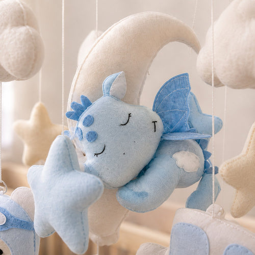 Blue Dragon Felt Baby Mobile, Moon Astronaut Car and Star Crib Mobile, Fantasy Baby Boy Nursery Decor, Baby Shower Gift BBMB29