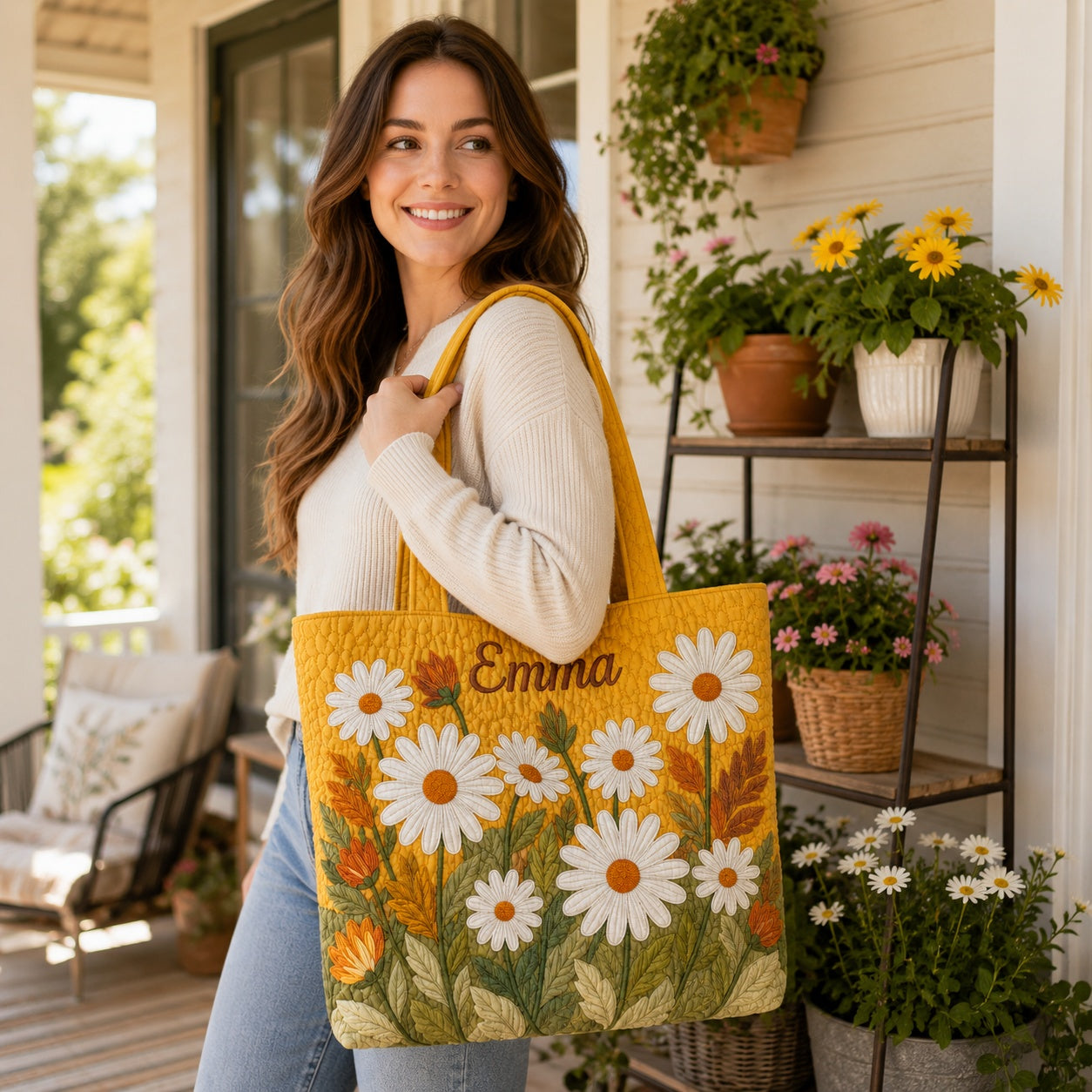 Custom Daisy Quilted Tote Bag, Floral Tote Bag, Quilted Shoulder Bag, Quilted Book Bag, Fabric Bag QTOTE62