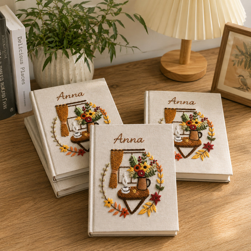 Hand Embroidered Autumn Notebook, Custom Fall Pattern Journal Notebook, Personalized Floral Notebook With Name, Linen Fabric Hard Cover Notebook, Special Custom Handmade Gift and Keepsakes ENB06
