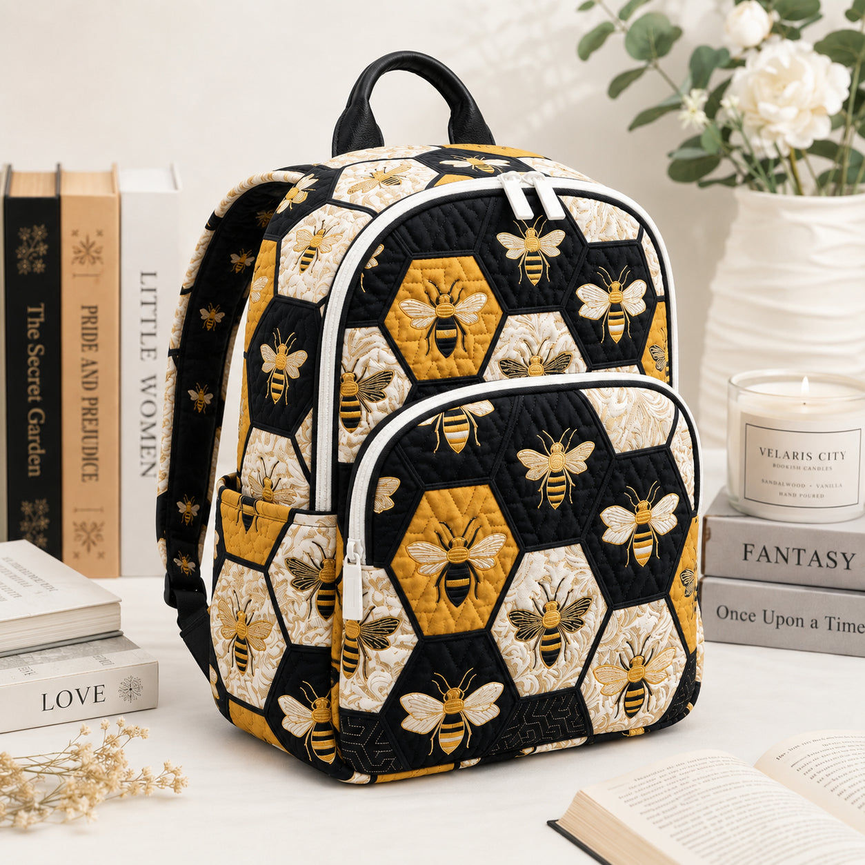 Bee Pattern Quilted Backpack, Custom Bee Backpack, Kid Adult School Bag, Travel Bag, Back To School Backpack QBP04