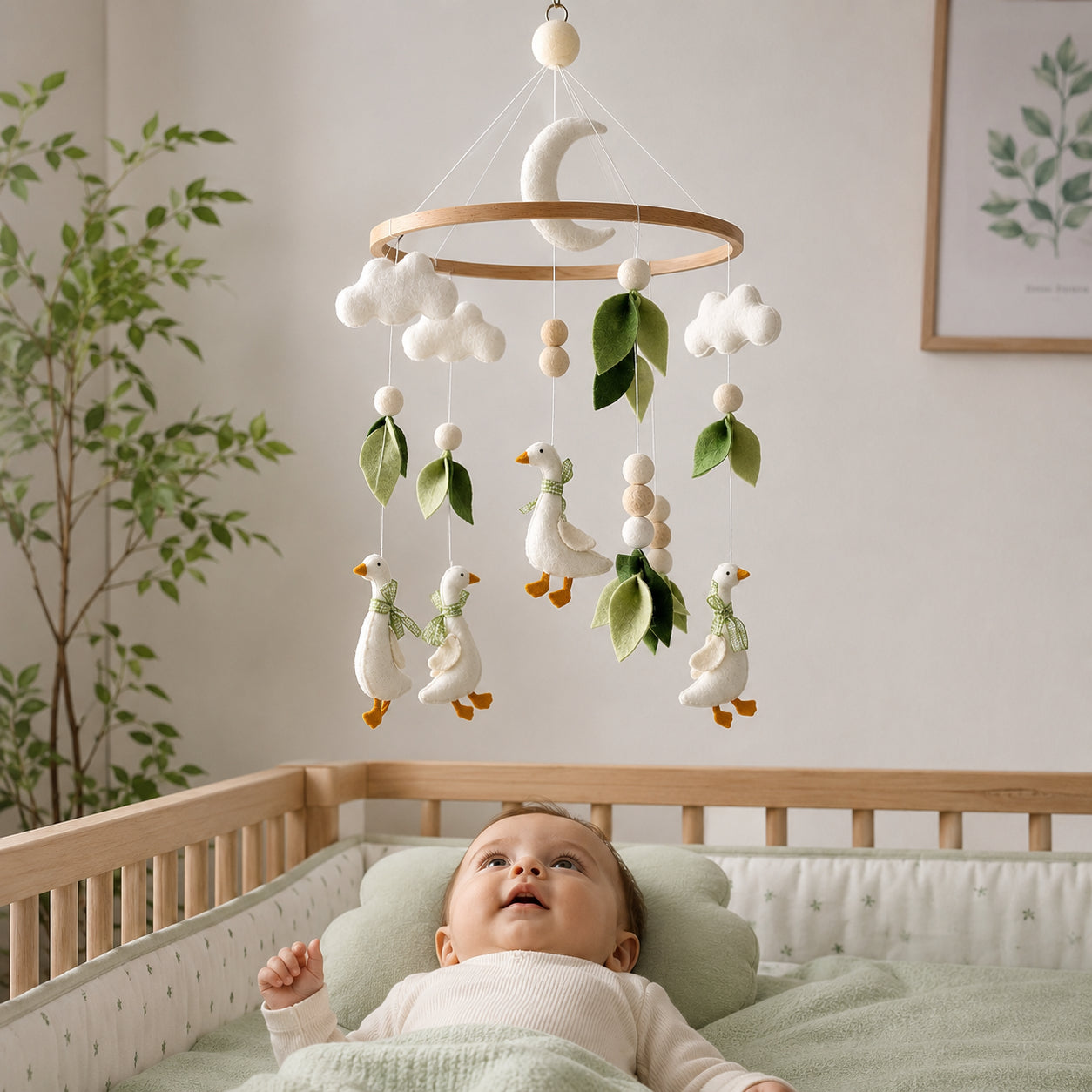 Personalized Goose Felt Baby Mobile, Handmade Farm Nursery Crib Mobile, Goose Felt Mobile, Moon Cloud and Leaf Baby Room Decor BBMB11