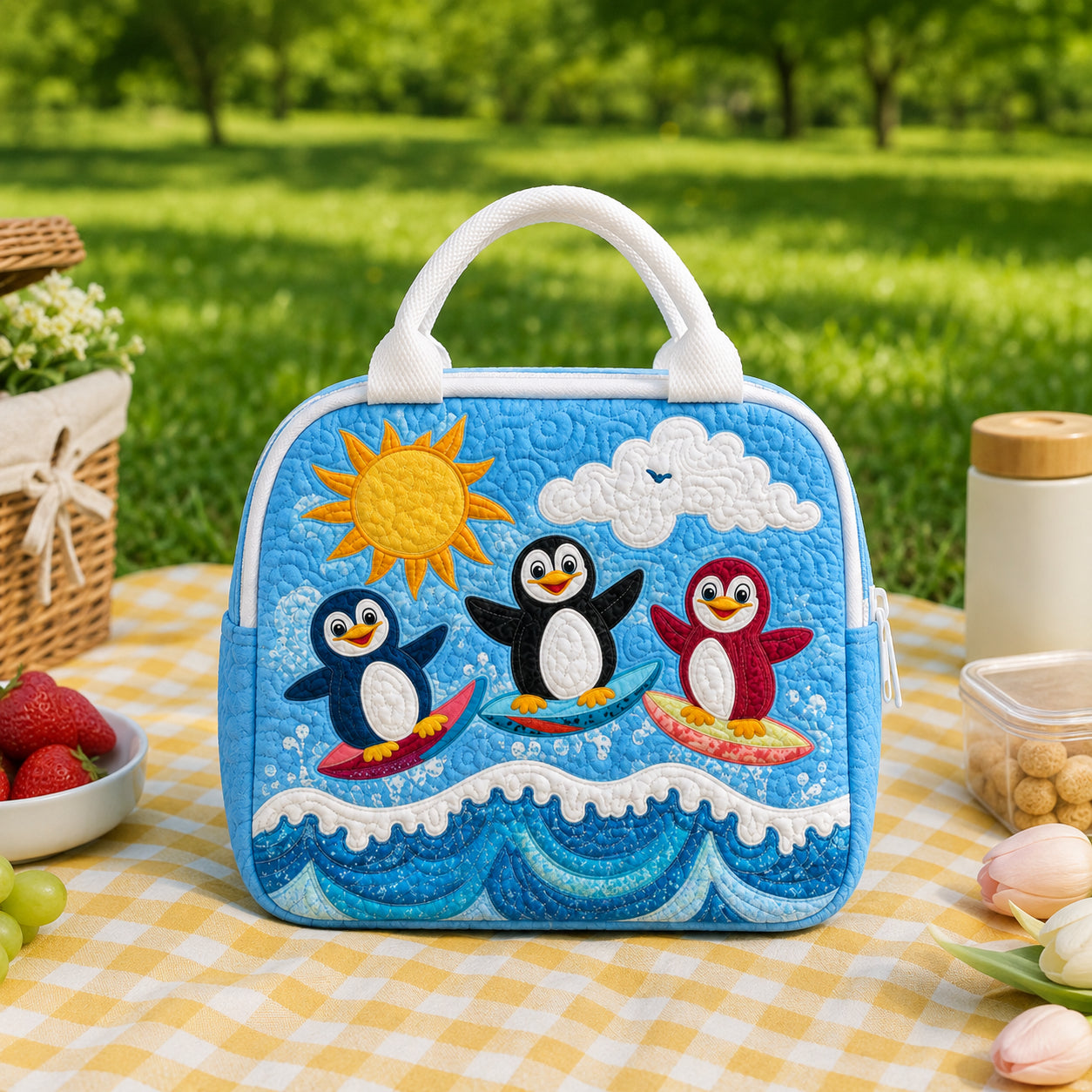 Summer Penguin Quilted Lunch Bag, Insulated Quilted Lunch Tote, Surfing Penguin Lunch Bag, Custom Kid Lunch Bag, Back To School Bag, Picnic Bag, Reusable Lunch Tote QLB11