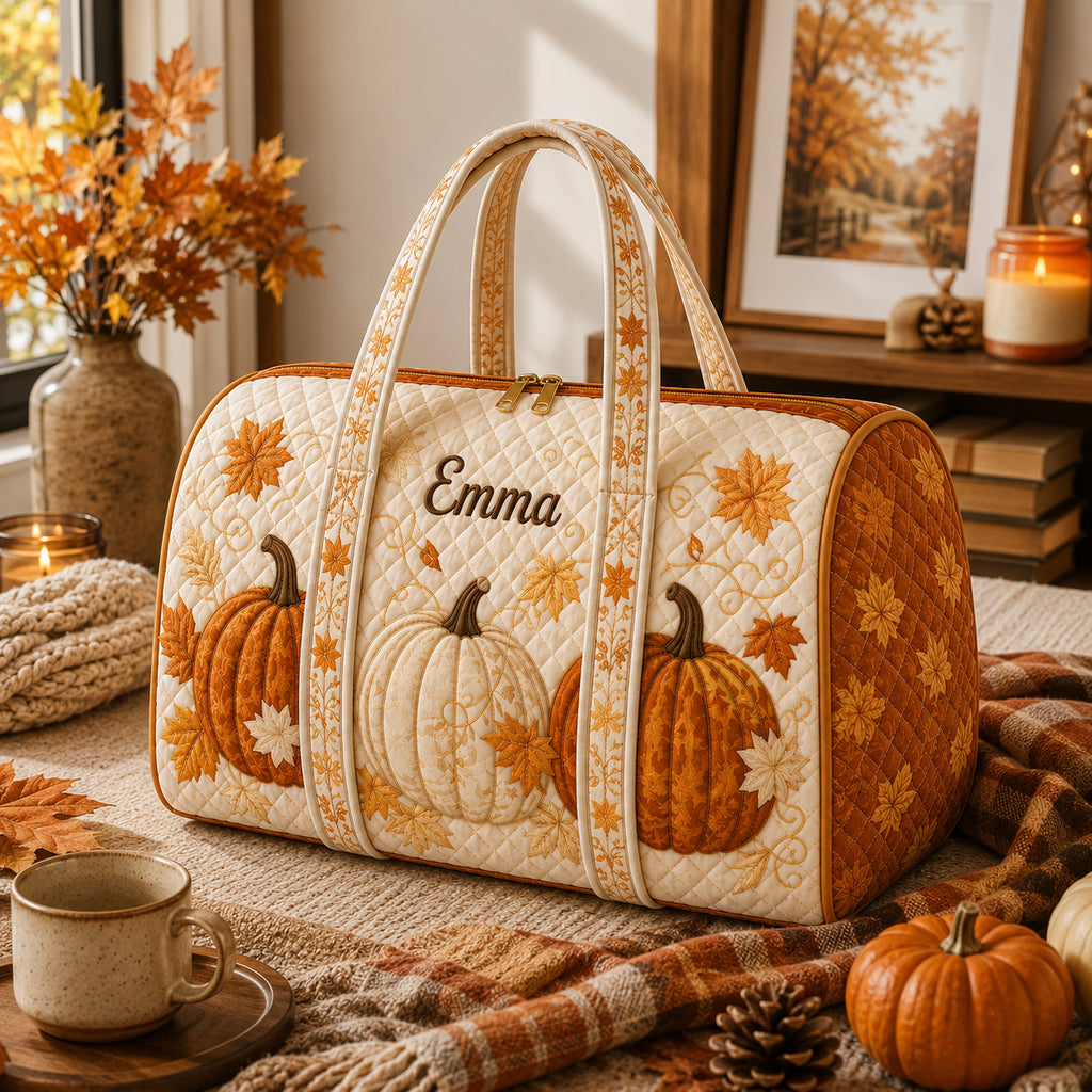 Personalized Pumpkin Quilted Duffle Bag, Fall Travel Bag with Name, Autumn Weekender Bag, Thanksgiving Gift for Women DFB33
