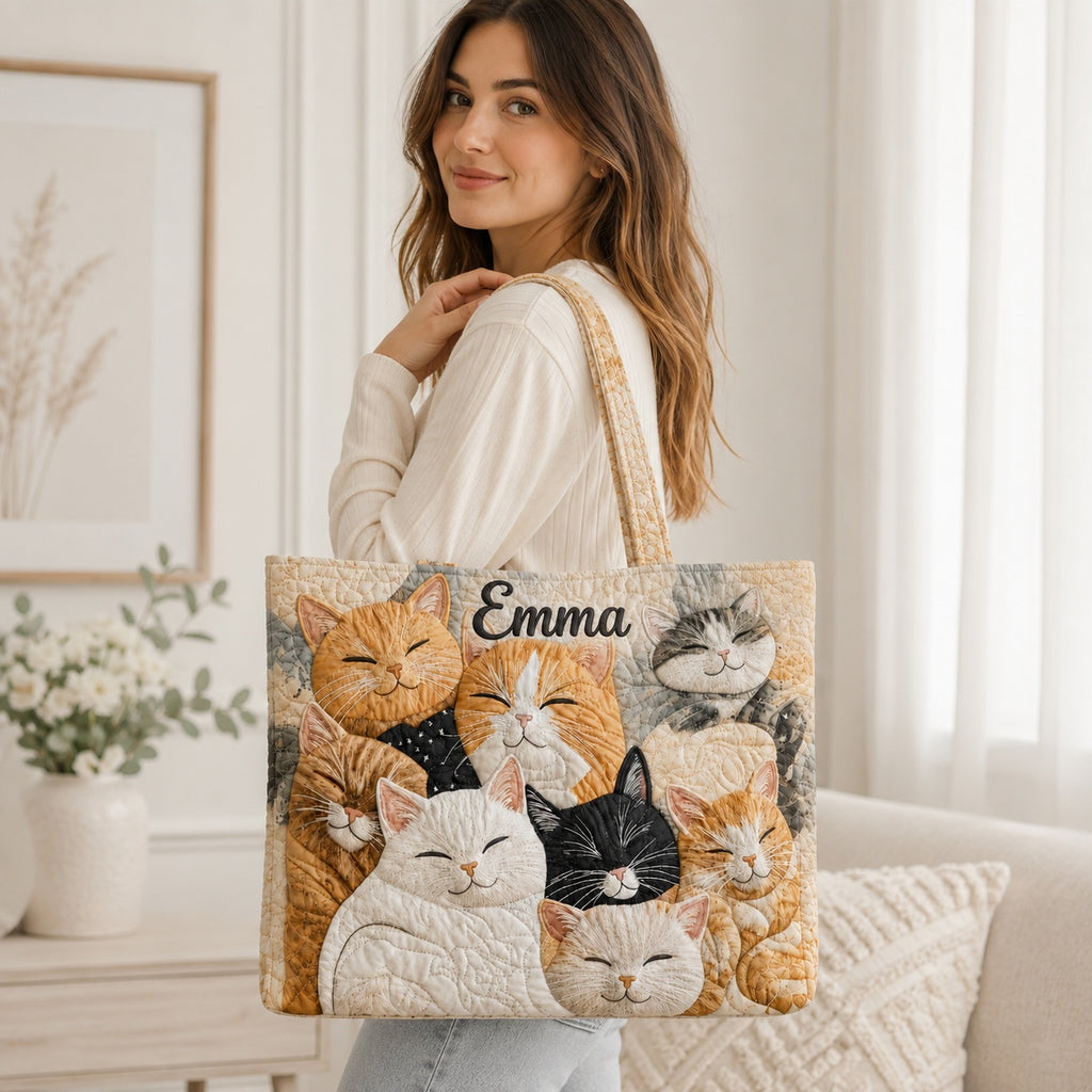 Cat Pattern Quilted Tote Bag, Cat Shoulder Bag, Pet Pattern Art Tote, Fabric Tote Bag, Gift Bag QTOTE35