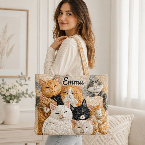 Cat Pattern Quilted Tote Bag, Cat Shoulder Bag, Pet Pattern Art Tote, Fabric Tote Bag, Gift Bag QTOTE35