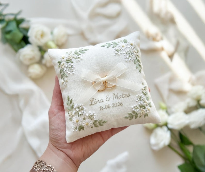 Personalized Embroidered Floral Wedding Ring Bearer Pillow, Custom Wedding Ring Pillow, Wedding Keepsake Gift WPILLOW10
