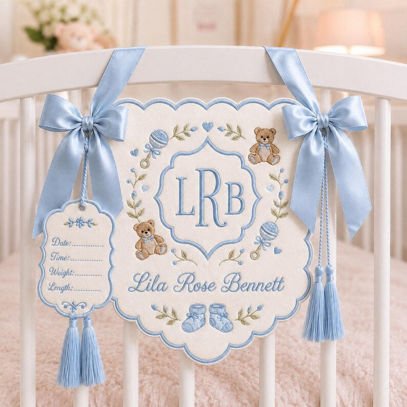 Personalized Embroidered Baby Crib Banner, Custom Baby Name Nursery Banner with Birth Stats Tag, Newborn Hospital Announcement, Baby Shower Gift BBFLAG11