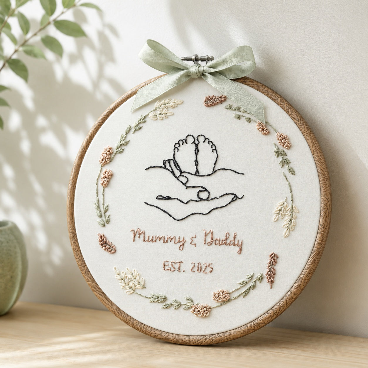 Personalized Handmade Embroidery Hoop, Baby Feet Keepsake, Mummy & Daddy Sign Decor, New Parents Gift, Custom Nursery Wall Art EM10