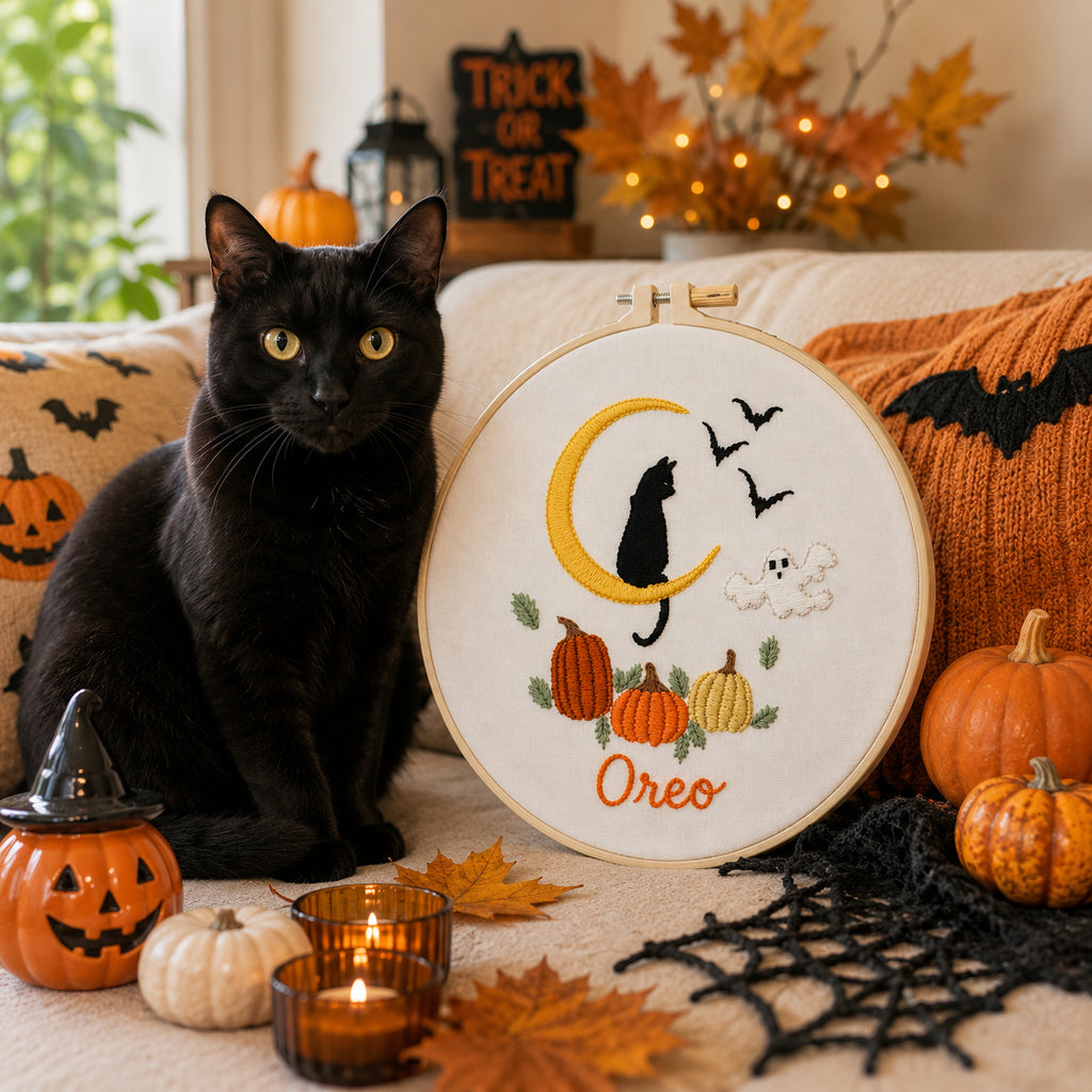 Personalized Black Cat Halloween Embroidery Hoop, Custom Pet Name Wall Art, Moon Cat Fall Decor, Handmade Spooky Nursery Gift HOOP12