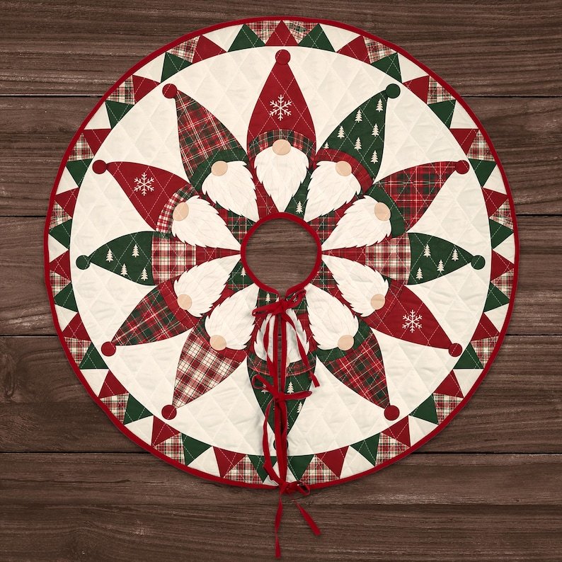 Gnome Christmas Patchwork Quilted Tree Skirt, Patchwork Xmas Tree Skirt, Holiday Decor, Xmas Tree Base Cover, Custom Tree Skirt XMASTS11